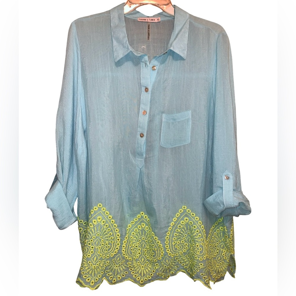 Figueroa & Flower Ladies Turquoise & Line Green Blouse Size XL